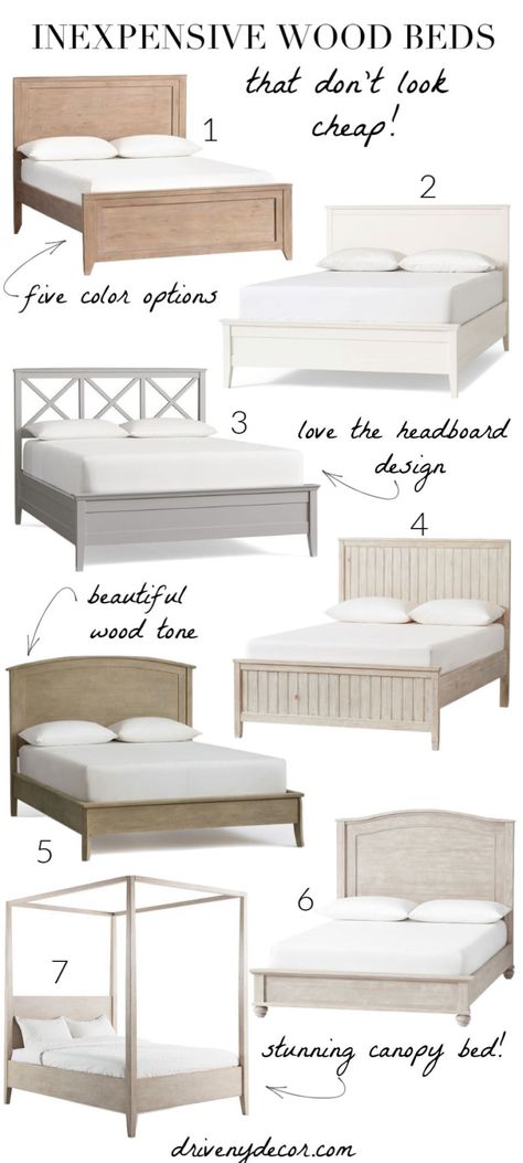 LOVE all of these wood beds that are so much cheaper than you'd expect! Beach Wood Bed, Wood Bed Frame Master Bedrooms, Girls Queen Bed, King Bed Frame Ideas, Classy Bed, White Wood Bed, Wood King Bed, Light Wood Bed, Beach Bed