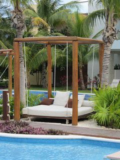 Swinging Pool Daybed | biblio tyto | Flickr Bed Hammock Outdoor, Day Bed Porch, Outdoor Daybed Diy, Pool Daybed, Bed Porch Swing, Diy Cabana, Patio Swings, Daybed Outdoor, Porch Swing Plans