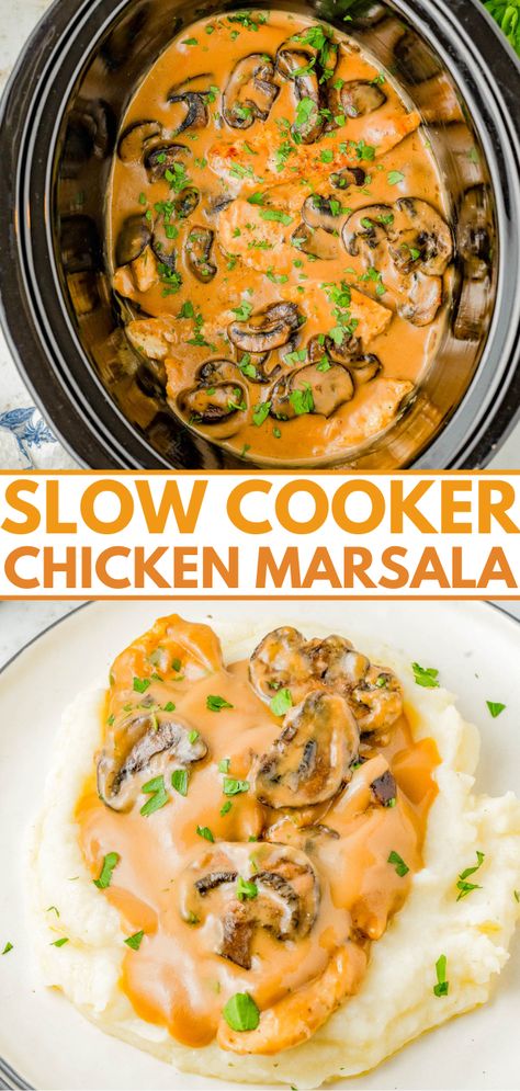 Slow Cooker Chicken Marsala – This classic comfort food recipe is complete with tender chicken breasts that are slow cooked with mushrooms and herbs in a flavorful creamy Marsala wine sauce! The rich sauce makes the perfect gravy served over rice or potatoes. Learn to make this restaurant quality dish at home in your Crock-Pot so that it's EASY enough for weeknight dinners! Slow Cooker Chicken Marsala, Averie Cooks, Marsala Chicken Recipes, Easy Slow Cooker Chicken, Marsala Wine, Chicken Marsala, Favorite Chicken, Wine Sauce, Tender Chicken