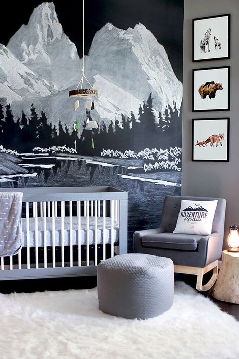 Woodland Adventure Nursery, Baby Room Boy, Woodland Nursery Boy, Outdoor Nursery, Baby Room Colors, Mountain Mural, Nursery Trends, White Crib, Adventure Nursery