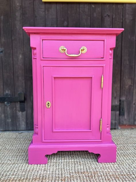 Hot Pink Bedside Table, Bright Bedside Table, Bold Bathrooms, Painted Antique Furniture, Hot Pink Furniture, Pink Chest Of Drawers, Pink Bedside Tables, Tall Bedside Table, Furniture Transformation