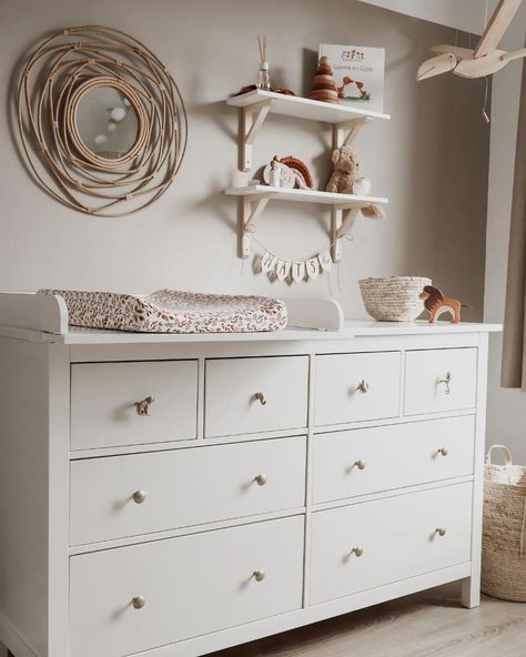 16 Nursery Ideas With Hemnes Dresser That You'll Love - A Dash of Kam Nursery Dresser Shelves, Ikea Hemnes Drawers Nursery, Ikea Drawers Nursery, Nursery Above Dresser, Hauga Ikea Nursery, Nursery Wall Color Ideas, Small Nursery Ideas Layout, Ikea Dresser Nursery, Nursery Furniture Layout