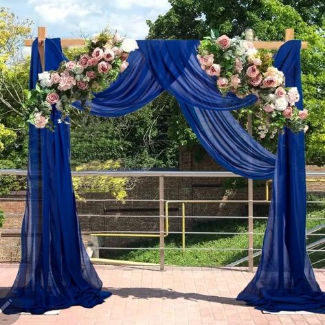 Purple And Royal Blue Wedding Decor, Blue And Purple Wedding Arch, Blue Wedding Arch Ideas, Blue And Purple Wedding Decorations, Royal Blue And Red Wedding, Royal Themed Party, Drapery For Wedding, Royal Blue Wedding Party, Wedding Color Royal Blue