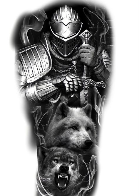 Wolf Tattoo Forearm, Viking Warrior Tattoos, Norse Mythology Tattoo, Black Men Tattoos, Spartan Tattoo, Knight Tattoo, Full Sleeve Tattoo Design, Warrior Tattoos, Pokemon Tattoo