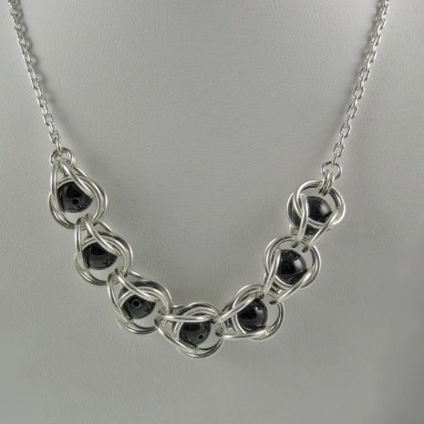 Onyx and Sterling Silver Captured Beaded Chainmaille Necklace Beaded Chainmaille, Chainmaille Necklace, Jump Ring Jewelry, Chainmaille Jewelry, Chainmail Jewelry, Chain Maille Jewelry, Chain Maille, Purple Pearl, Handmade Wire Jewelry