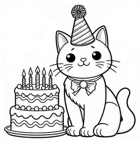 Cat With Party Hat, Birthday Cake Coloring Page, Cat Tea Party, Birthday Coloring Pages, Boy Drawing, Printable Pictures, Cats Love, Outline Drawings, Cat Birthday