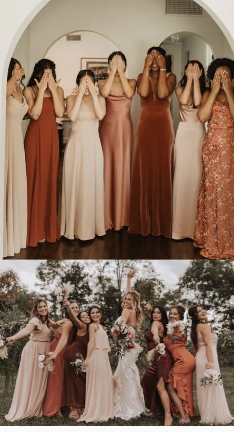 Rosewood Bridesmaid Dress With Groomsmen, Mismatched Mauve Bridesmaid Dresses, Terracotta Mismatched Bridesmaids, 5 Bridesmaids Mismatched, Ten Bridesmaids, Bridesmaid Dresses Color Palette, Bridesmaid Dress Color Schemes, August Wedding Colors, Deep Red Wedding