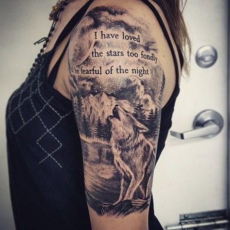 Wolf with Quotes Tattoo for Half Sleeve Tattoos For Women On Thigh, Wolf And Moon Tattoo, Tattoo Japanese Style, Cool Half Sleeve Tattoos, Wolf Tattoo Sleeve, Full Sleeve Tattoo Design, Tattoos For Women Half Sleeve, Wolf Tattoo Design, Tattoos Geometric