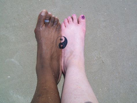 Interracial couple tattoo- Yin Yang. Different placement though. Yin Yang Tattoo Unique, The Left Hand Of Darkness, Left Hand Of Darkness, Couple Tats, After Tattoo, Love Is Color Blind, Interracial Relationship, Colour Blind, Small Tattoo Placement