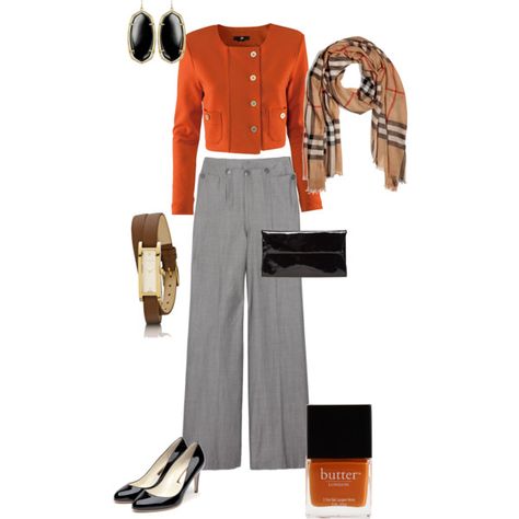 Kasey Orange And Grey Outfit, Office Attire For Women, Pear Shape Fashion, Grey Pants Outfit, Pants Outfit Work, Office Attire Women, Shape Fashion, Orange Outfit, Fashion Everyday