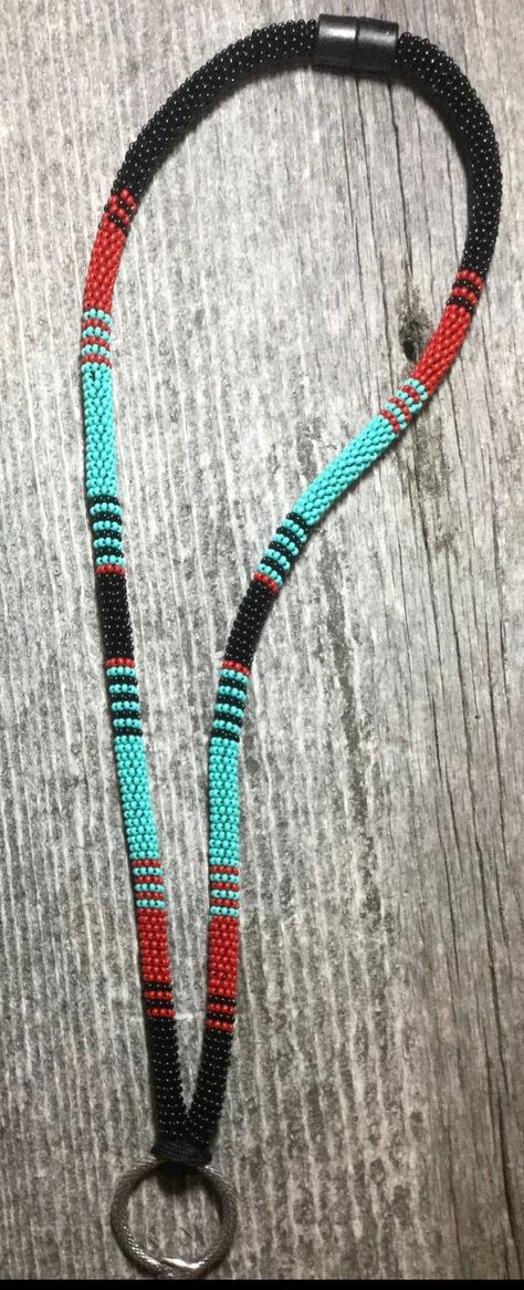 Red Black White Beaded Lanyard, Bead Wrapped Lanyard, Beaded Lanyard Patterns, Seed Bead Lanyard, Beaded Lanyards Badge Holders, Rope Beading, Beaded Keychains Patterns, Lanyard Ideas, Bead Lanyard