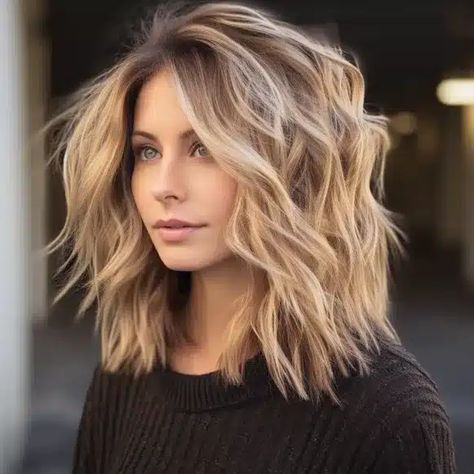 Shoulder Length Hair For Middle Aged Women, Cute Medium Layered Haircuts, Medium Shag Lob Haircut, Hair Idea For Blondes, Millenial Haircut Women, Blonde Hair In 40s, Lobs With Layers, Medium Length Haircut With Blonde Highlights, Shag Hairstyles Medium Blonde