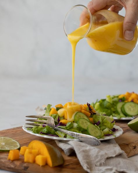 Easy Mango Vinaigrette | Chef Janet Mango Balsamic Vinegar Recipes, Mango Vinaigrette Dressing, Appetizer Foods, Mango Vinaigrette, Mango Salad Dressing, Blueberry Vinaigrette, Mango Dressing, Dressings Recipes, Vinegar Recipes