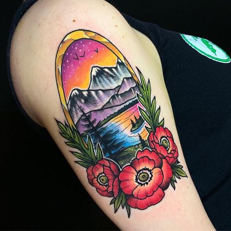 Mountain and lake nature view tattoo Traditional Tattoo Nature, View Tattoo, Pnw Tattoo, Lake Tattoo, Mountain And Lake, Tattoo Nature, Plant Tattoo, Human Canvas, Inked Magazine