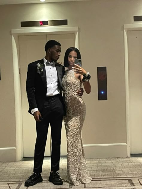 Silver And Black Prom Couple, Gold Prom Couple Outfit, Beige Prom Couple, Champagne Prom Couple, Black And White Prom Couple, Gold Prom Dress Couple, Black And Gold Prom Couple, All Black Prom Couple, Black Prom Couple