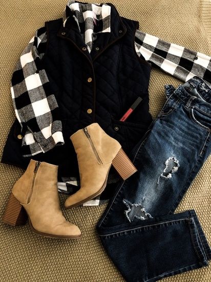 SHOP THIS LOOK | Fall is coming and that means it’s time for #FLANNEL & #PLAID 😍 (& maybe some #pumpkinspice ??) Grab your favorite pair of distressed jeans + your favorite flannel plaid + a quilted vest + some cute Ankle Boots! #ShopStyle #MyShopStyle #LooksChallenge #Holiday #Flatlay #Beauty #Lifestyle #TrendToWatch #FallStyle #WinterStyle Buffalo Plaid Outfit, Casual Holiday Outfits, Flannel Outfits, Fall Is Coming, Puffy Vest, Plaid Outfits, Cute Fall Outfits, Quilted Vest, White Buffalo