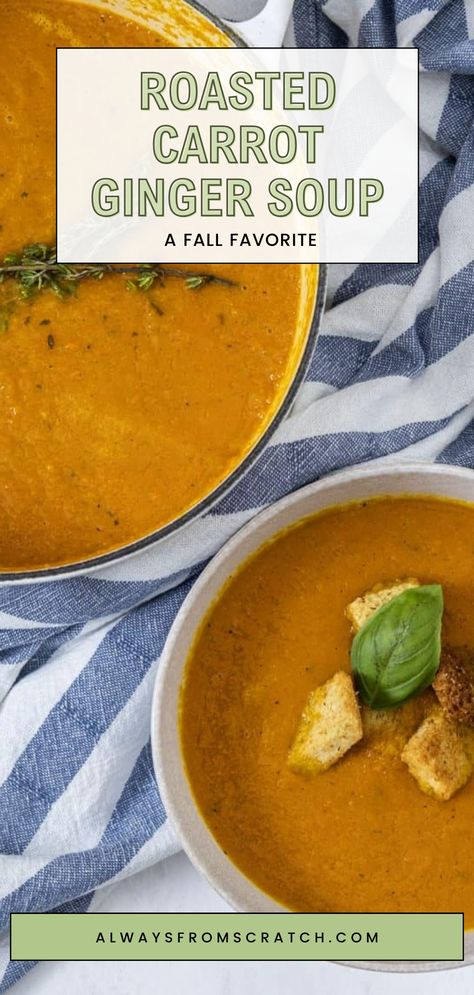 This Roasted Carrot Ginger Soup is one of my son's absolute favorites. Perfect for chilly weather, it’s packed with flavors that are comforting when you're feeling under the weather. The soup is incredibly tasty, with the ginger adding just the right amount of spice. It’s a great option to try with kids, as the caramelized sweetness from the broiled carrots makes it an appealing vegetable side for little ones! Easy Creamy Soup, Roasted Carrot Ginger Soup, Soup Carrot, Ginger Shot Recipe, Roasted Carrot Soup, Italian Soup Recipes, Creamy Carrot Soup, Carrot Soup Recipes, Simple Soup