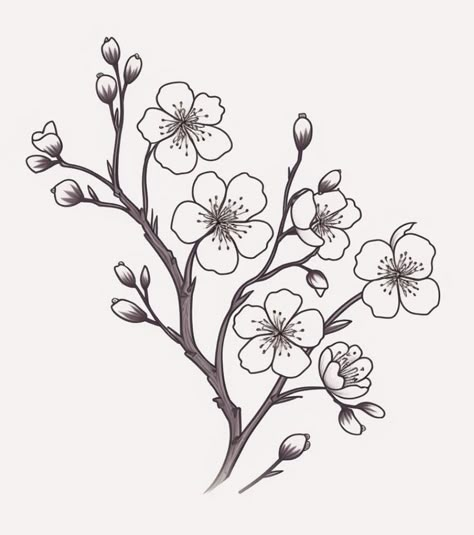 Flower Drawing Sakura, Japanese Blossom Drawing, Japanese Flowers Drawing Cherry Blossoms, Cherry Blossom Flowers Drawing, Asian Flowers Drawing, Blossom Tree Drawing Easy, Cherry Blossom Drawing Easy, Easy Cherry Blossom Drawing, Cherry Blossom Branch Drawing