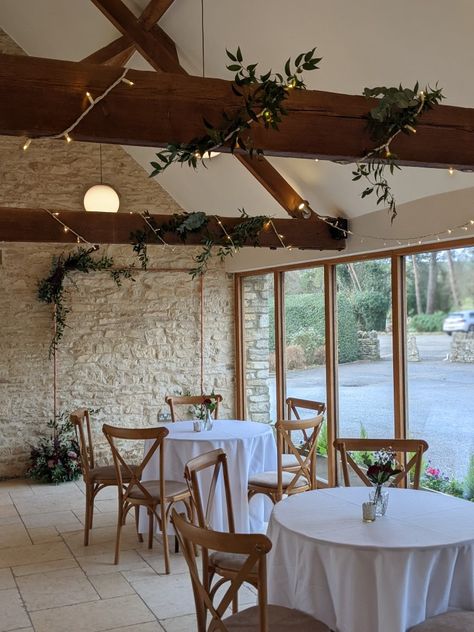 Wedding Marquee Fairy Lights, Wedding Barn Lights, Barn Wedding Hanging Flowers, Cosy Wedding, English Country Wedding Marquee, Kingscote Barn, Barn Wedding Lights Ceilings, Wedding Room, Barn Wedding Decorations