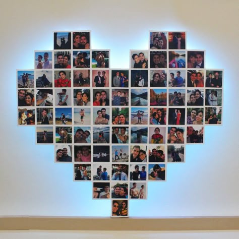 Heart Pic Collage On Wall, Heart Shaped Picture Collage Wall Ideas, Heart Picture Wall Ideas, Heart Photo Wall Template, Love Heart Photo Wall, Heart Out Of Pictures, Heart Picture Wall, Photo Heart Wall, Wall Photo Frame Ideas