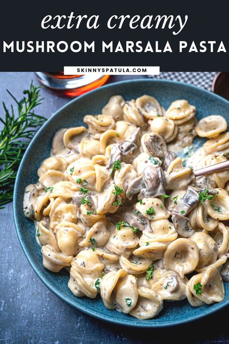 This creamy mushroom Marsala pasta is a delicious vegetarian dish that’s luxurious and simple to make at the same time. A rich, flavorful marsala sauce makes this pasta the kind of gourmet meal that you’ll want to make over and over again. Vegetarian Marsala Pasta, Mushroom Marsala Pasta, Unique Pasta Recipes, Unique Pasta Dishes, Marsala Pasta, Mushroom Marsala, Vegetarian Lasagne, Mushroom Dishes, Marsala Sauce