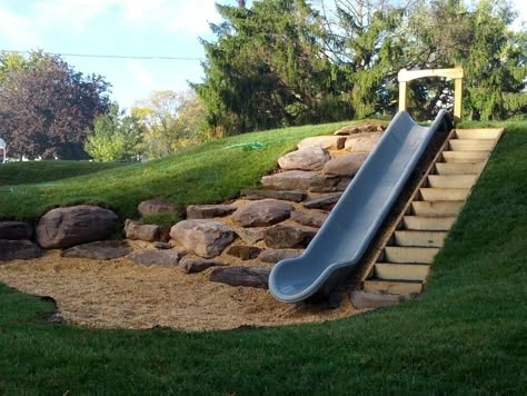 Home Playground Ideas, Playground Ideas Backyard, Home Playground, Outdoor Kids Play Area, Sloped Backyard Landscaping, Design Backyard, Play Area Backyard, Playground Ideas, Sloped Backyard