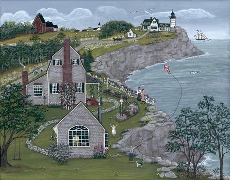 Spring Landscapes, Home By The Sea, Naïve Artist, Naive Painting, Cottage Painting, Primitive Art, Sea Wall Art, Summer Painting, Cottage Art