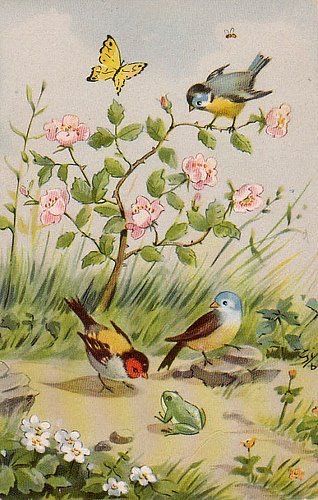 Spring Birds Illustration, Vintage Easter Cards, Butterflies And Flowers, Bird Artwork, Blue Birds, Vintage Spring, Spring Art, Bird Pictures, Vintage Greeting Cards