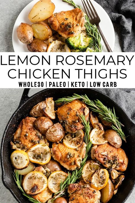 This healthy meal prep recipe uses lemons, rosemary, chicken thighs, and potatoes for a simple weeknight dinner idea. This whole 30 recipe uses only one skillet! It's paleo, gluten free, keto, and low carb. #whole30 #mealprep #ketorecipes #chickenthighs Rosemary Chicken And Potatoes, Chicken Thighs And Potatoes, Rosemary Chicken Thighs, Lemon Rosemary Chicken, Chicken Keto, Whole30 Chicken, Chicken And Potatoes, Whole30 Dinners, One Skillet