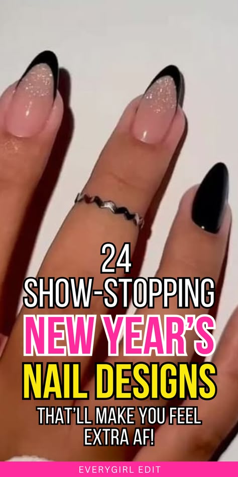 new year's nails, new year's nail designs, new year's nail art, new year's nail ideas, new year's inspo, new year's nails 2024, new year's nails 2025, new year's nail designs 2024, new year's nail designs 2025, best new year's nails, best new year's nail designs. Nye Nail Designs Short, Rock N Roll Nail Ideas, New Years Goth Nails, New Year Nails Almond Shape, Simple Nail Designs For New Years, Black Unicorn Chrome Nails, Black And Gold French Tip Nails Short, New Years Nail Designs Almond Shape, Almond Shape New Years Nails