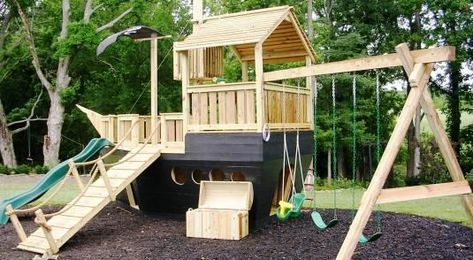 Backyard Playground Landscaping, Pirate Playground, Ship Playhouse, Pirate Ship Playhouse, Playground Landscaping, Indoor Playhouse, Build A Playhouse, Pirate Ships, Diy Playground