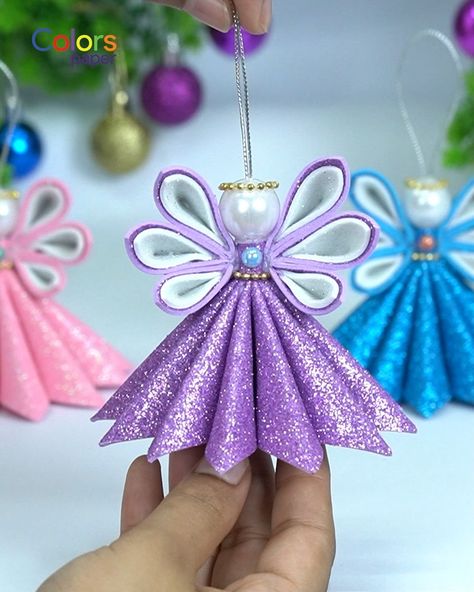 Christmas Angels Diy, Glitter Paper Crafts, Diy Christmas Angel Ornaments, Foam Christmas Ornaments, Christmas Angel Crafts, Foam Sheet Crafts, Mini Christmas Ornaments, Christmas Angel Ornaments, Handmade Christmas Crafts