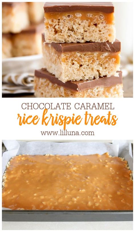 Deliciously decadent Chocolate Caramel Rice Krispie Treats are a new chocolatey twist on the classic treat! #ricekrispietreats #chocolatecaramel #caramel #chocolate #desserts #ricekrispies Rice Krispie Treats Salted Caramel, Rice Krispie Caramel Bars, Rice Crispy Treats With Caramel, Rice Crispy Treats Caramel, Rolo Rice Krispie Treats, Salted Carmel Rice Crispy Treat, Twix Rice Krispie Treats, Caramel Krispie Treats, Million Dollar Rice Crispy Bars