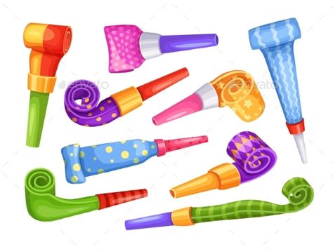 Cartoon Party Blowers Graphic Tshirt Design Illustrations, Party Blower, Party Blowers, Cartoon Party, Party Horns, Long Pipe, Party Cartoon, Noise Makers, Graphic Tshirt Design