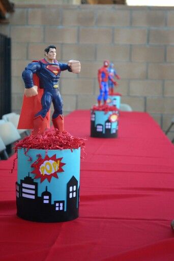 Super hero party center piece Super Hero Centerpieces Diy, Super Hero Centerpiece, Superhero Centerpiece Ideas, Marvel Birthday Party Decorations, Avengers Theme Birthday, Superhero Centerpiece, Incredibles Party, Avengers Birthday Party Decorations, Captain America Birthday Party