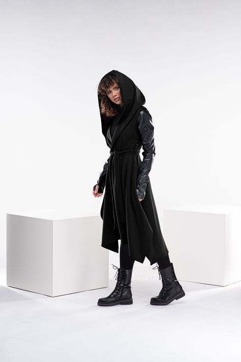 Fantasy Cape, Cyberpunk Jacket, Shipping Documents, Wool Cape Coat, Black Cloak, Armor Clothing, Hooded Cloak, Leather Jacket Outfits, Cape Coat