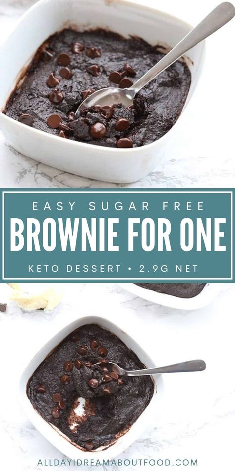 Easy sugar-free dessert that serves only one! This keto chocolate chip deep dish brownie is so easy to make, and is ready in less than 20 minutes. Yum! Single Serve Keto Cookie, Single Serving Keto Dessert, Keto Brownie Mug Cake, No Egg Keto Dessert, Keto Single Serve Dessert, Choc Zero Recipes, Keto Chocolate Dessert Recipes, Single Serve Keto Dessert, Low Cal Low Carb Desserts