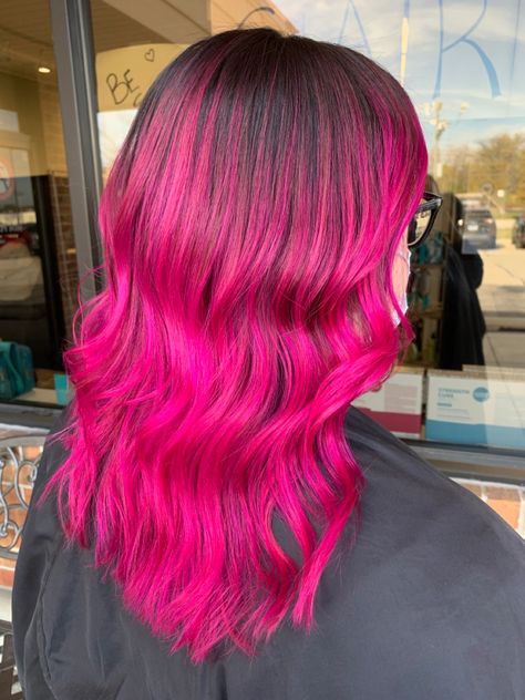 Dark Brown Hair With Magenta Balayage, Magenta Hair With Dark Roots, Bright Pink Hair Dark Roots, Magenta Hair Dark Roots, Dark Root Pink Hair, Hot Pink Hair With Dark Roots, Dark Roots Pink Hair Balayage, Pink Hair With Brown Roots, Pink And Dark Brown Hair