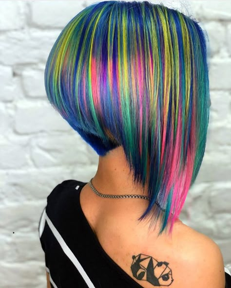 Short Hair Multi Color, Colorful Bob Hair, Creative Hair Color Short, Multi Coloured Hair, Fun Colored Hair, Rainbow Hair Ideas, Colorful Bob, Fun Haircuts, Crazy Hair Styles