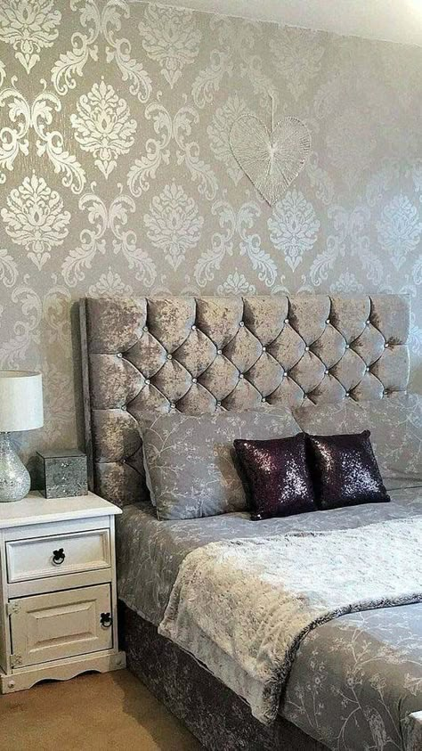 Wallpaper On Walls Bedrooms, Silver Wallpaper Bedroom, Modern Bedroom Wallpaper, Gold Wallpaper Bedroom, Glitter Wallpaper Bedroom, Wallpaper Bedroom Feature Wall, Bedroom Feature Wall, Room Wallpaper Designs, Wallpaper Designs For Walls