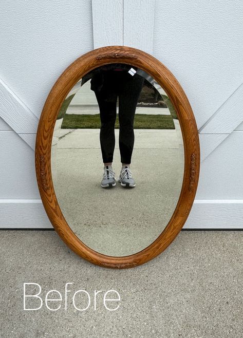 Oval Oak Mirror Makeover with Moulds Upcycle Oval Mirror, Wood Oval Mirror, Repurpose Oval Mirror, How To Frame An Oval Mirror, Updating Mirrors Frame, Wood Mirror Frame Makeover, Diy Mirror Makeover Ideas, Transfers On Mirrors, How To Decorate A Mirror Frame