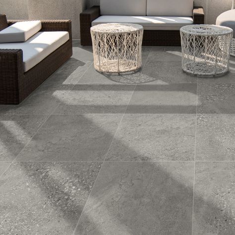 About The Tile: Featuring a neutral gray color and a refined fragment look, the Massif 2CM Gray 24” x 24” Textured Matte Porcelain Outdoor Paver brings the elegance of terrazzo to outdoor spaces. These large-format 24” x 24” porcelain pavers provide a durable and sophisticated outdoor tiling solution, suitable for exterior, pool, and residential and commercial floor installation. Realistic terrazzo-look porcelain outdoor paver. 2 CM thickness is twice that of typical porcelain tile. Elegant neut Outdoor Tile Patio, Balcony Tiles, Transitional Tile, Stone Deck, Porcelain Pavers, Pool Pavers, Outdoor Pavers, Porch Tile, Patio Pavers Design