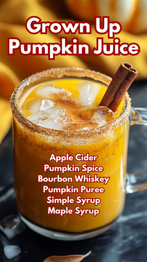 Grown Up Pumpkin Juice Pumpkin Juice Cocktail, Pumpkin Cider Cocktail, Pumpkin Puree Drink Recipes, Pumpkin Bourbon Cocktail, Pumpkin Mocktail Recipe, Homemade Fall Drinks, Booze Bucket, Pumpkin Cocktails, Autumn Beverages