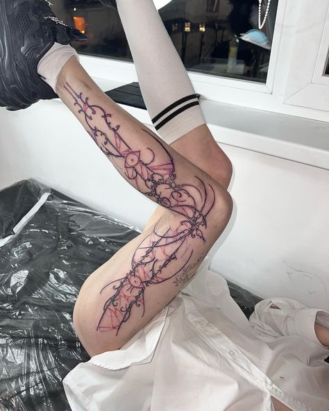 Cybersigilism Tattoo Leg, Cybersigilism Tattoo Thigh, Thigh Cybersigilism, Arm Cybersigilism Tattoo, Back Cybersigilism Tattoo, 42 Tattoo, Grunge Tattoo, Sigil Tattoo, Red Tattoos