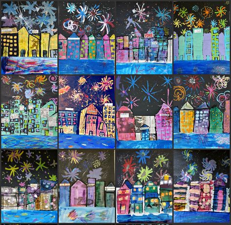 Over the summer, I did a mixed media cityscape with fireworks project with my Unique Materials Art Fun classes. I was very excited to be ... Fireworks Craft For Kids, Scratch Paper Art, Fireworks Craft, Fireworks Art, New Year Art, Winter Art Projects, New Year's Crafts, Jackson Pollock, Camping Art