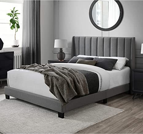 Grey Bed Frame Bedroom Ideas, Grey Headboard Bedroom, Panel Bed Frame, Simple Bed Designs, Queen Size Bed Frame, Grey Bed Frame, Headboard Queen, Small Bedroom Furniture, Grey Headboard