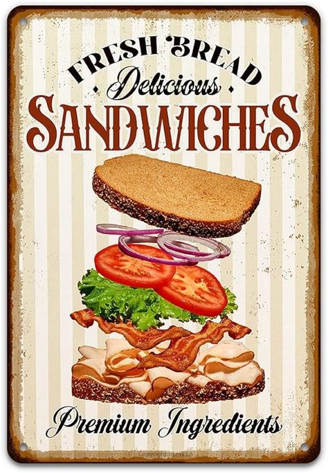 Amazon.com : Sandwiches Tin Signs, Dlicious Fresh Bread Fast Food Metal Retro Vintage Painting Poster Wall Decor for Home Kitchen Restaurant Bar Pub Restaurant Shop,12x8 inch : Home & Kitchen Stall Decorations, Vintage Food Posters, Tin Wall Decor, Restaurant Poster, Pub Restaurant, Craft Iron, Vintage Restaurant, Poster Wall Decor, Delicious Sandwiches