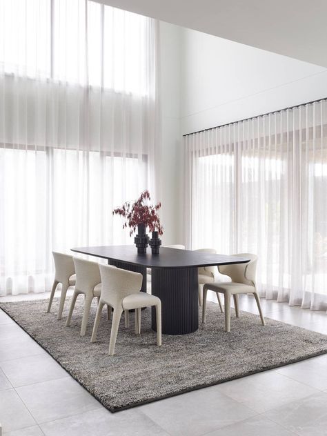 dining room with high ceilings white sheer curtains on windows Sheer Floor To Ceiling Curtains, Curtain High Ceilings, Multiple Window Curtain Ideas, Decorating A Tv Wall, High Ceiling Dining Room, Curtains On Windows, High Ceiling Curtains, Sheer Curtains Living Room, Decorating Around A Tv