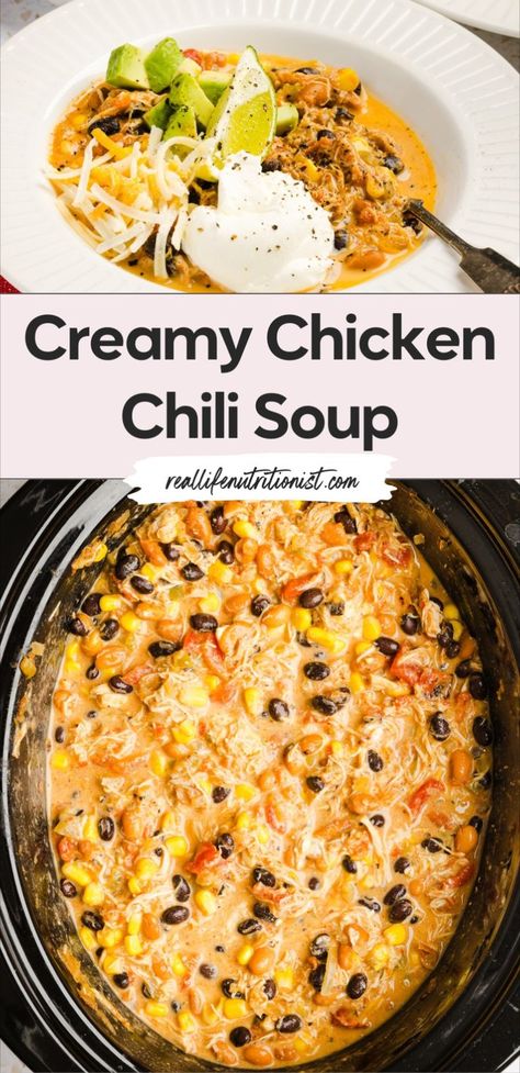 This crockpot chicken chili recipe with cream cheese is the perfect healthy soup for an easy meal. This slow cooker chicken chili has a rich, creamy texture, making it the best chicken chili for cozy nights. Just add everything to your chicken chili crockpot, and enjoy a satisfying bowl of cream cheese chicken chili! Protein Crockpot Meals, High Protein Crockpot Meals, Red Chicken Chili, Red Chicken Chili Recipe, Best Chicken Chili, High Protein Crockpot, High Protein Dinner Recipes, Crockpot Chicken Chili, High Fiber Dinner