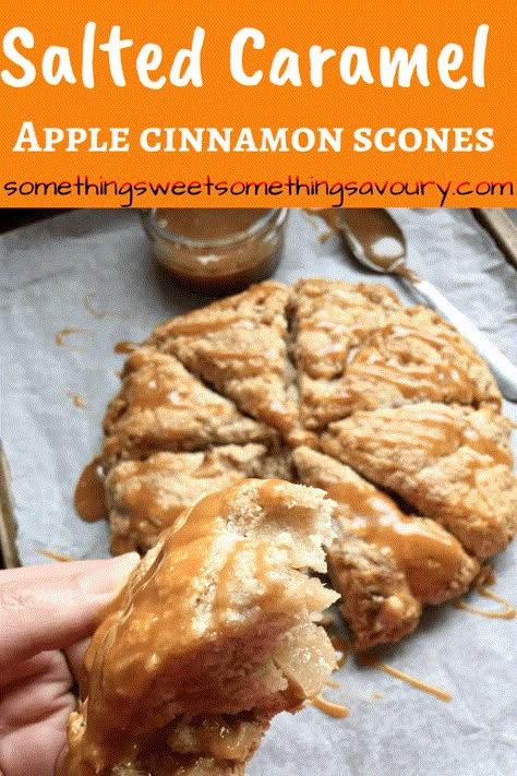 Salted Caramel Scones, Caramelised Apple, Apple Cinnamon Scones, Fluffy Scones, Breakfast Scones, Cinnamon Scones, Scones Recipe Easy, Apple And Cinnamon, Caramel Glaze